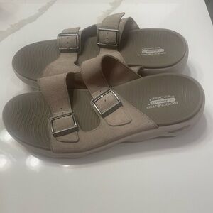 Skechers Beige Dual-Buckle Slide Sandals